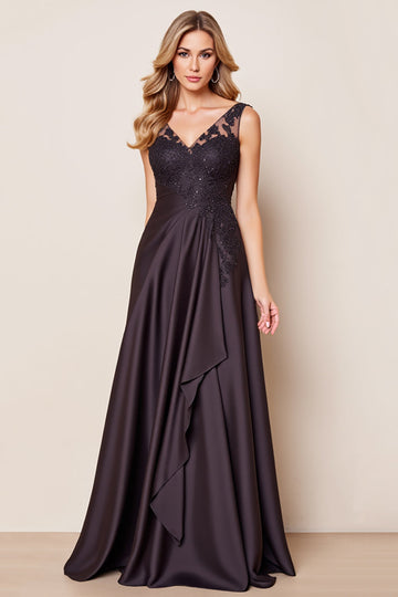 Black Satin Ruffled A Line Long Mother of the Bride Dress with Lace